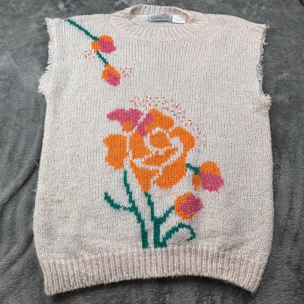 Vintage Olivia Dee Sweater Vest Women's Small Beige Floral Grunge Wallflower
